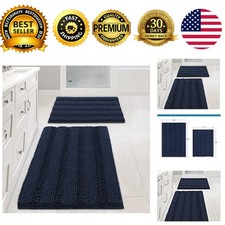 Navy Blue Bathroom Rugs 2 Piece Bath Mat Set Slip-Resistant Chenille Striped