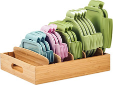 Large Bamboo Food Container Lid Organizer for Kitchen Cabinet Adjustable Slots