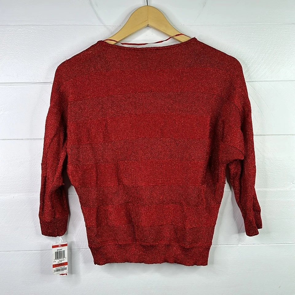 INC Red Metallic Sparkle Knit 3/4 Sleeve Sweater Pullover Sweatshirt Top Size XS - Image 2 of 4