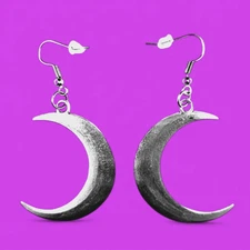 SILVER PLATE CRESCENT MOON EARRINGS large pendant hypoallergenic gothic witch V6