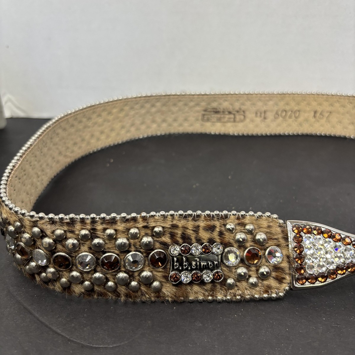 Vtg BB Simon Leather Calf Hair Western Rhinestone Buckle Belt - Very Heavy - b.b.simon Rhinestone Leather Belts for Women for sale | eBay main image 3