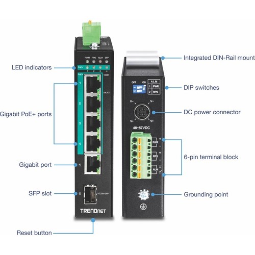 Trendnet 6-port Hardened Industrial Gigabit Poe+ Layer 2 Managed Din-rail Switch - Picture 2 of 4