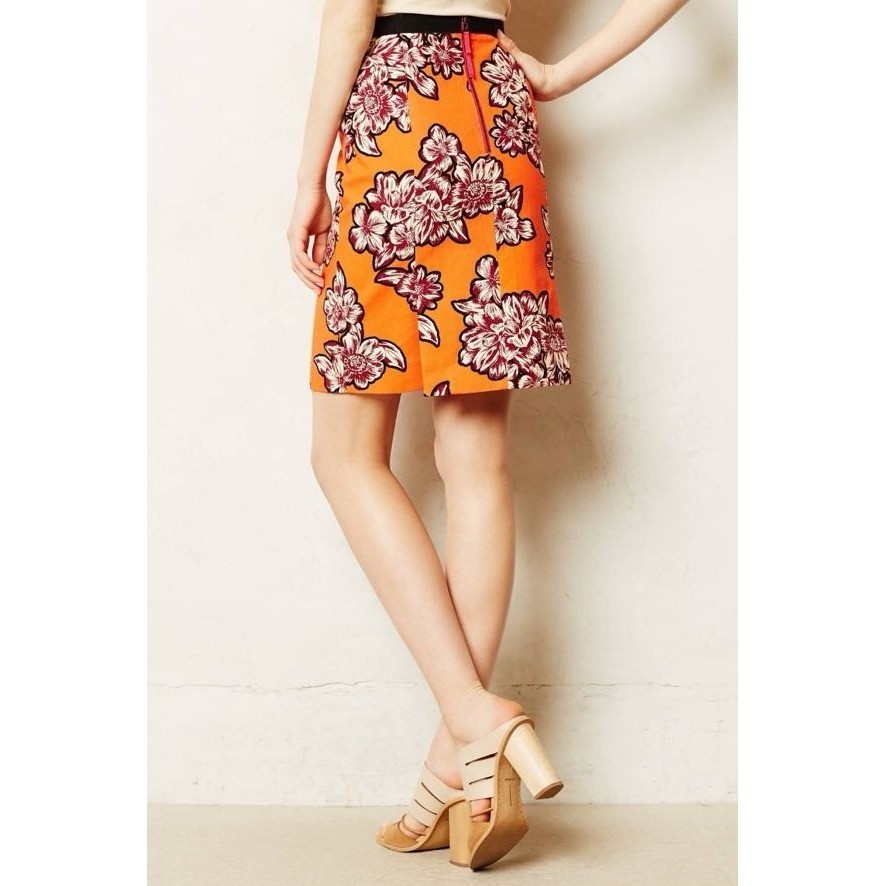 Maeve Anthropologie Orange Floral Print Pencil Skirt Tropical -  Size 0