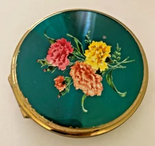 Vintage Stratton   Powder Compact Blue Enamel Pink And Yellow Carnations mirror