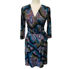 Nicole by Nicole Miller Faux Wrap Dress Size M Paisley Olive Teal Belted Career