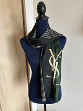Yves Saint Laurent Silk Scarf Oblong Stole Black Green YSL Monogram Japan VTG