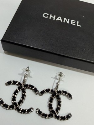 CHANEL Earrings AUTH Coco CC Silver Black Leather kenkenjp Logo CC Mark Gp F/S