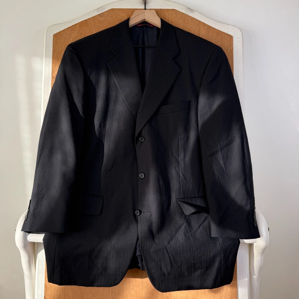 Samuelsohn Suit Mens 42R Navy Pinstripe 3 Button Super 100s Wool Canvas 34x30 - Image 2 of 4