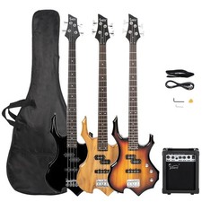 Glarry 4 Strings Flame Bass Guitar Kit with 20w Amp Rosewood Wood Black Sunset