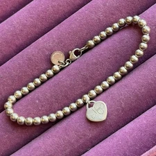 Tiffany & Co. Sterling Silver Mini Heart "Mom" Beaded Bracelet 6.5”