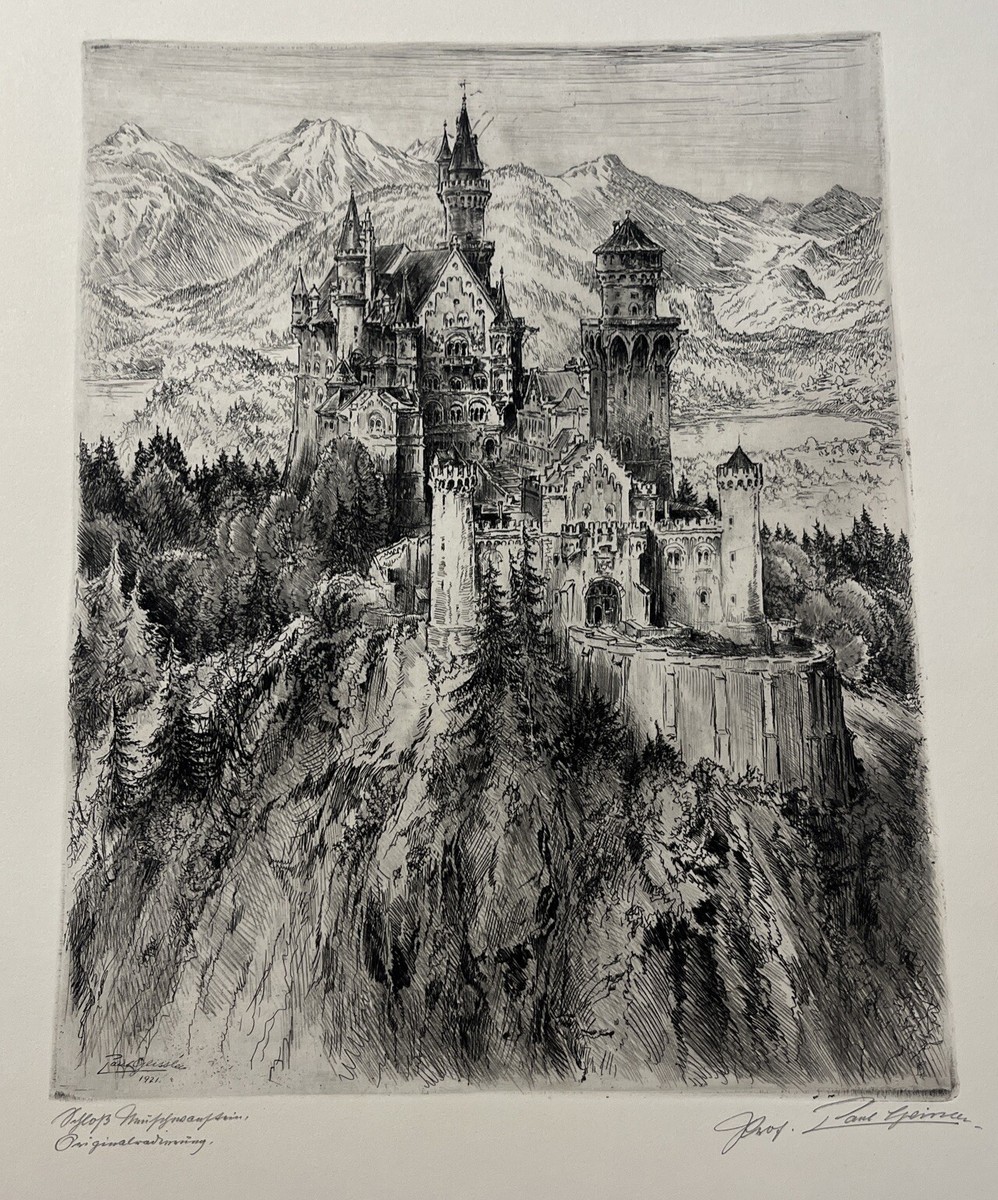 Paul Geissler 1921 Black & White Etching “Neuschwanstein Clermont