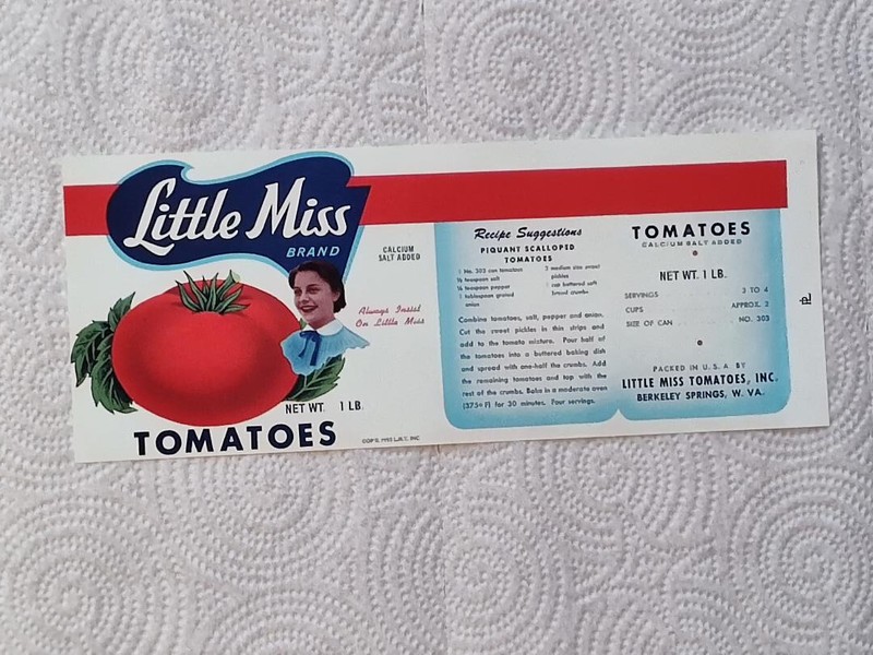 1 Little Miss Brand Tomatoes Inc Vintage Can Label Berkeley Springs, W. Virginia