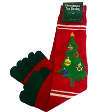 Vintage Christmas Toe Socks Size 9-11 Red W/Tree Red Green White Stripe Unisex