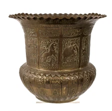 Antique 8" Anglo Indian Brass Hand Tooled Repousse Jardinier Planter Hunt Scene