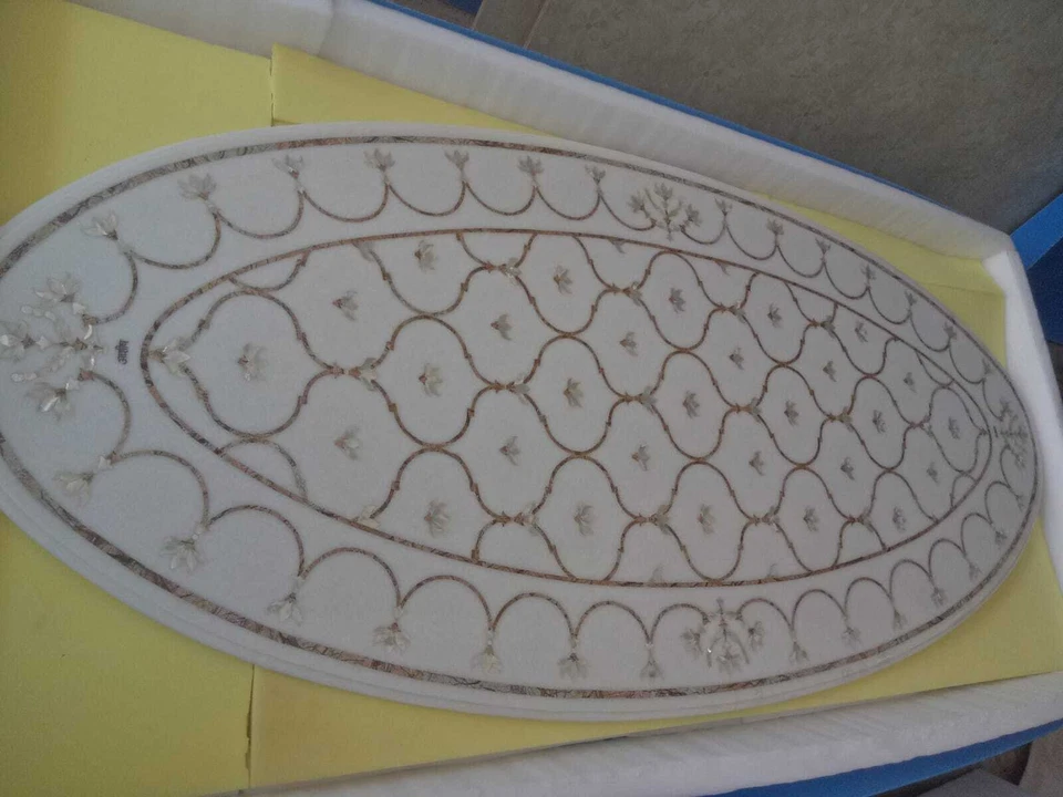 Овальный обеденный стол ручной работы из белого мрамора Pietra Dura с мраморной инкрустацией - Изображение 4 из 4