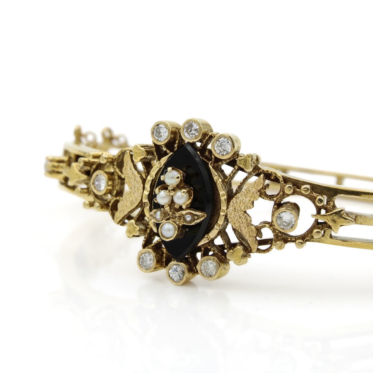Victorian Revival 14k Gold Diamond Pearl & Onyx Hinged Victorian Revival 14k Gold Diamond Pearl & Onyx Hinged