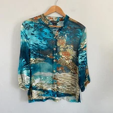 Citron Silk Blend Top Women Size Medium Petite Sheer Blue Button Down