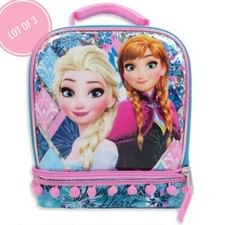 Lot- 3 Disney Frozen School Soft Sided Insulated Bag 2 Zipper Pockets pink blue