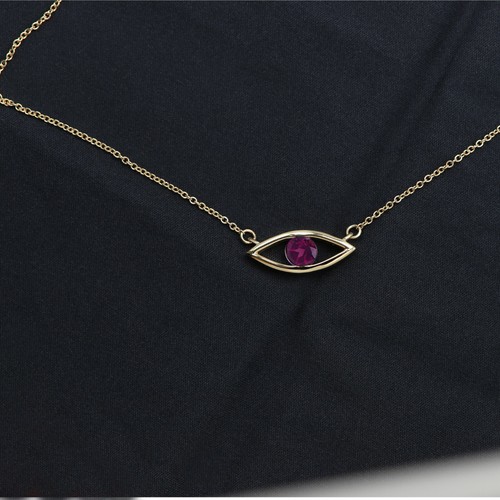 Gold Evil Eye 14K Gold Rhodolite Garnet Birthstone Gemstone Evil Eye Necklace - Picture 7 of 8