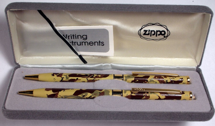 ZIPPO BALL POINT PEN & MECHANICAL PENCIL SET.  DESERT CAMMO. UNUSED IN CASE