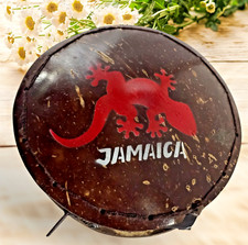 Vintage Jamaica Coconut Shell Purse Red Lizard Zipper, Hand Painted Varnished