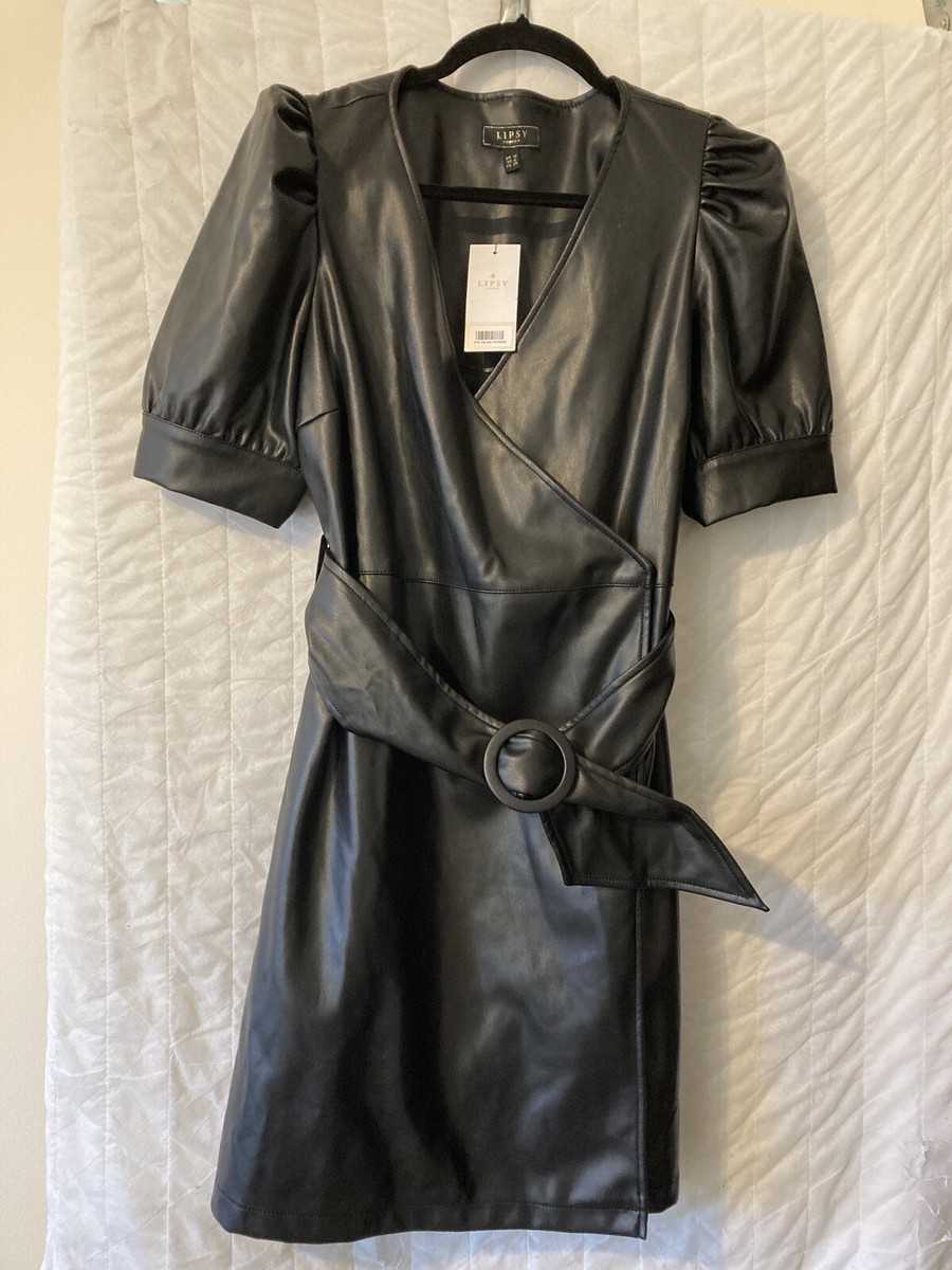 Lipsy Crossover Faux Leather Belted Knee Length Dress Size 10