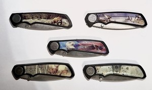 5 Pcs American Wildlife Series Folding Knives - Deer, Wolf, Duck, Bear, Eagle