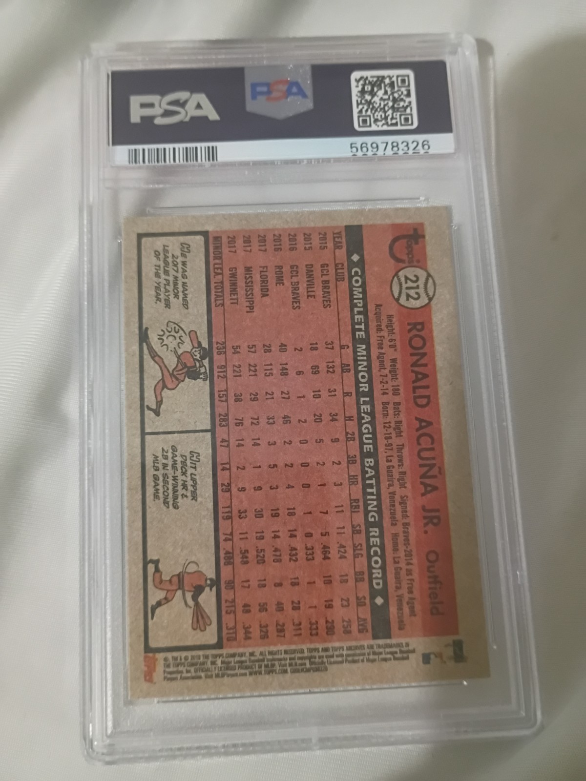 2018 Topps Archives Baseball #212 Ronald Acuna Jr. Rookie PSA 10 (GEM MT) view 2
