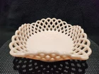 Fenton Weave Lattice Lace Edge Pastel Pink Milk Glass Bowl Basket 9 x 8.75 x 3