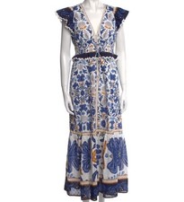 Caroline Constas Ruffle Sleeve Floral Maxi Dress Sz L Blue Boho Smocked Shells
