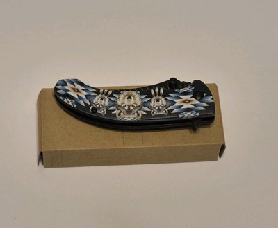Wolf Pocket Knife Native American Indian Print Thumb Stud Open Curved Blade 8''