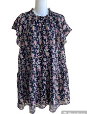 Loft Petite Navy Gold Multi Floral Tiered Swing Dress Lined Cap Sleeve New SP