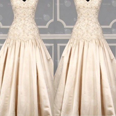 Champagne Satin Wedding Dress Strapless Sweetheart Neck Beaded Lace Bridal Gown