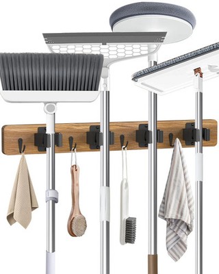 Broom Holder Wall Mounted, 4 Holders and 4 Hooks Mop Holder, Wooden... Fast Ship
