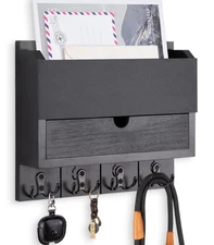 Wooden Mail, Key Holder, Wall Mount, Storage Drawer, 7 Hooks, Chalkboard Panel