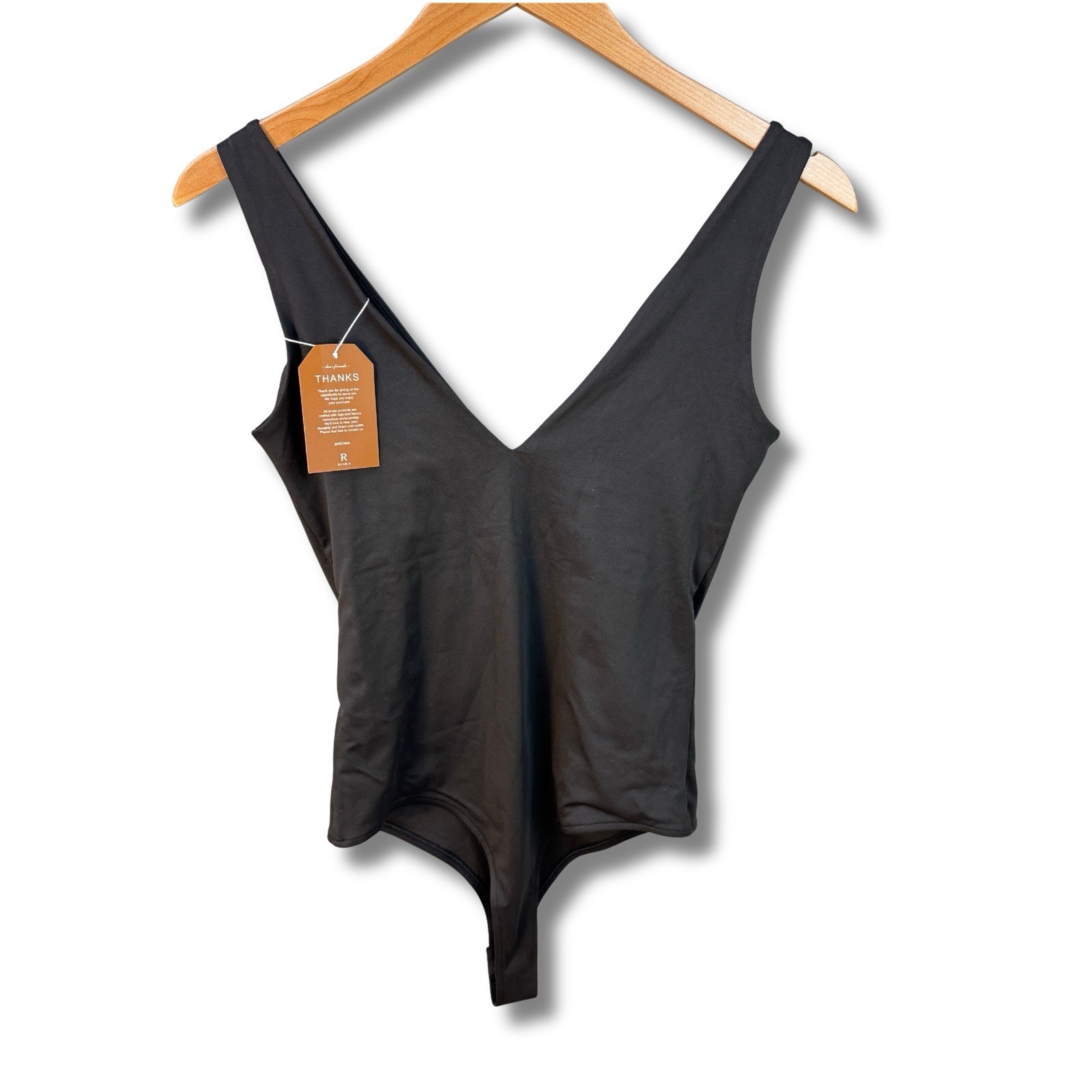 REORIA Sexy Plunge Bodysuit M Black Deep V Neck Sleeveless Backless Top Thong image 3