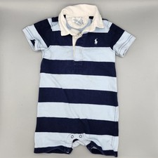 Polo Ralph Lauren Romper 9M Stripe Cotton Rugby Collared Shortall Pony Preppy