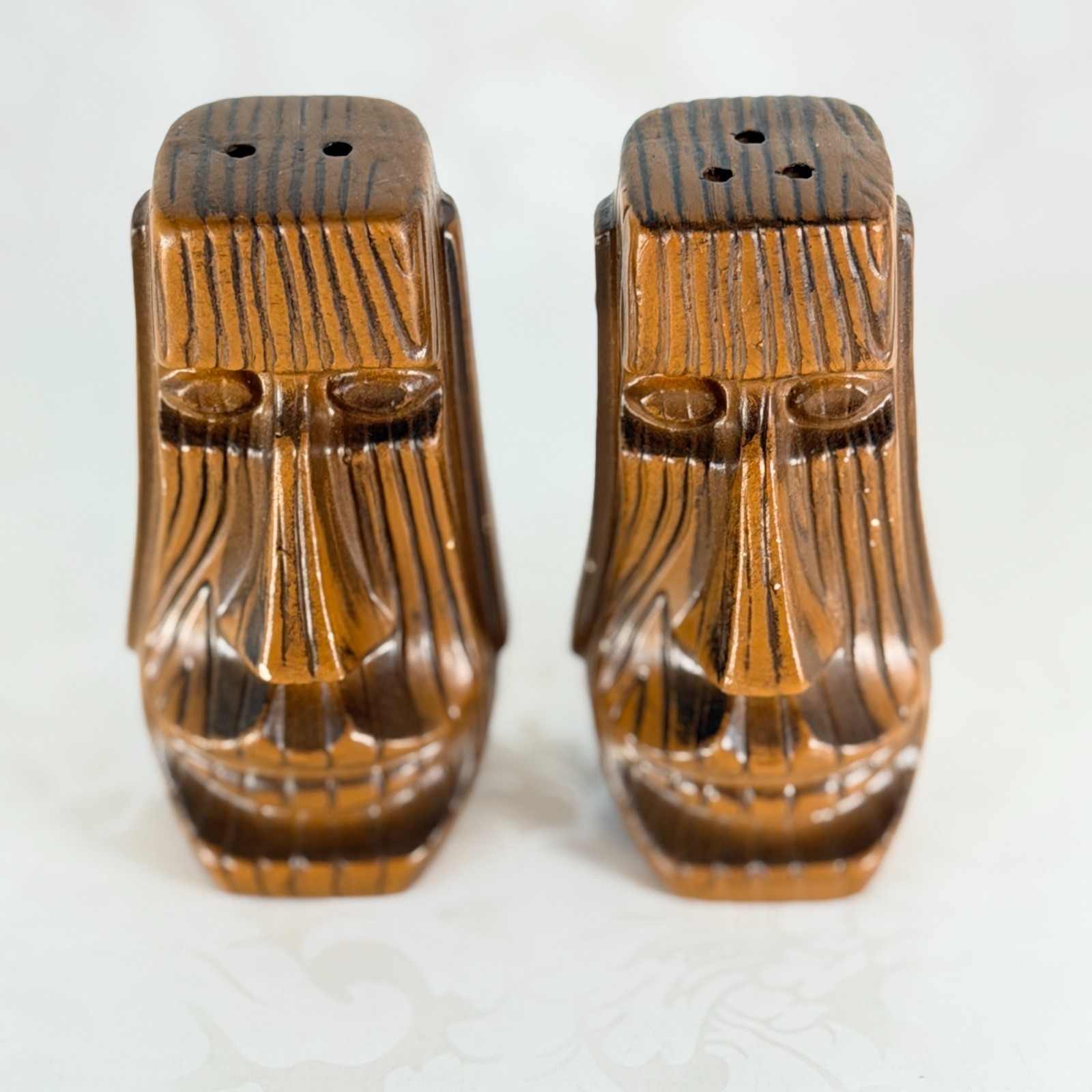 VTG Tiki Moai Salt & Pepper Shakers Faux Wood Grain Ceramic Mid-Century Japan