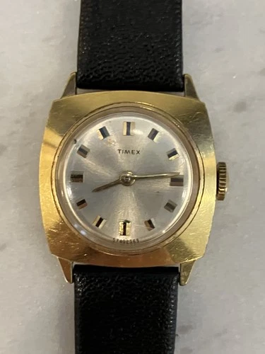 Vintage 24MM Women's Gold Case Timex Mechanical Self Wind Watch, Works, New Band