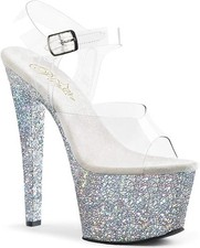 Pleaser 7" Heel, PF Ankle Strap Sandal w/ Glitter Bottom, 8