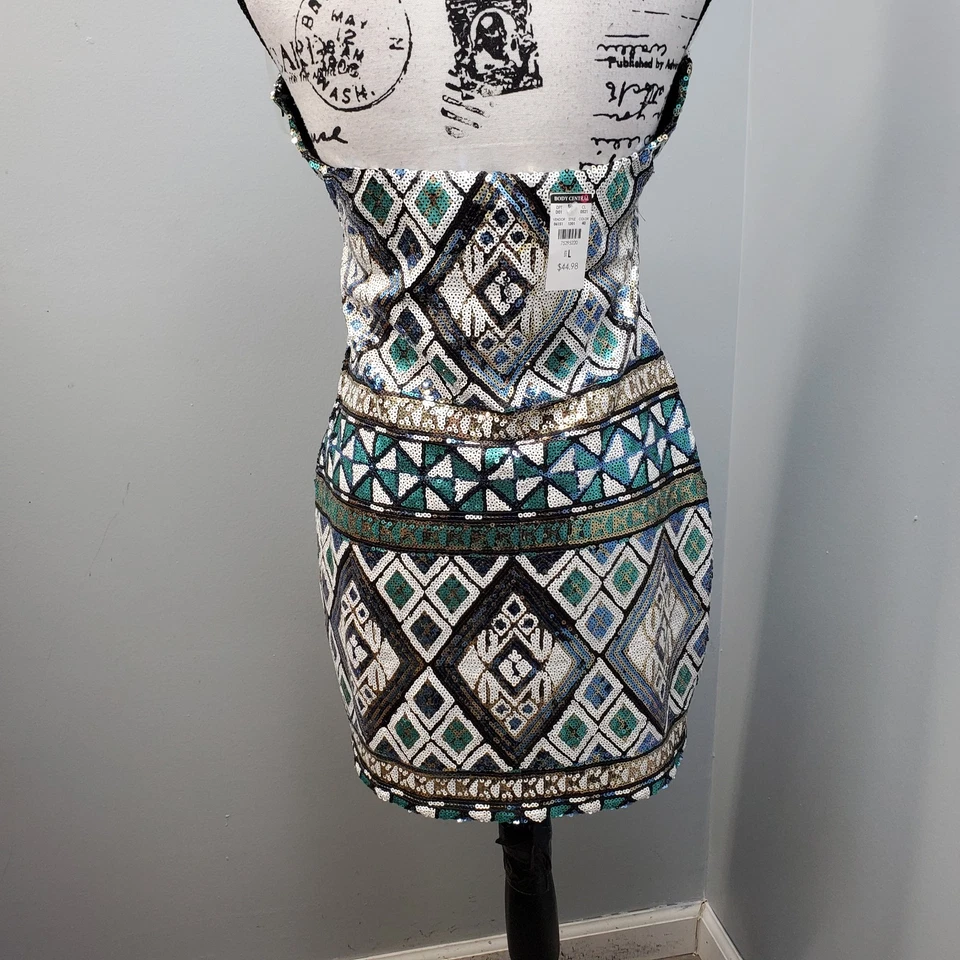 Vestido Body Central Bodycon Para Mujer L Multi Geo Estampado Lentejuelas Adornado Cremallera Lateral Foto 2 de 4