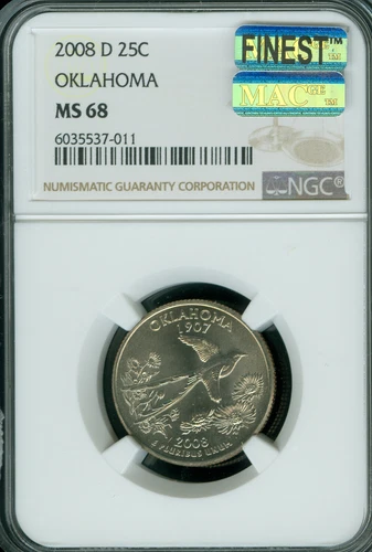 2008 D OKLAHOMA QUARTER NGC MS68 MAC FINEST BUSINESS STRIKE MAC SPOTLESS POP 7 *