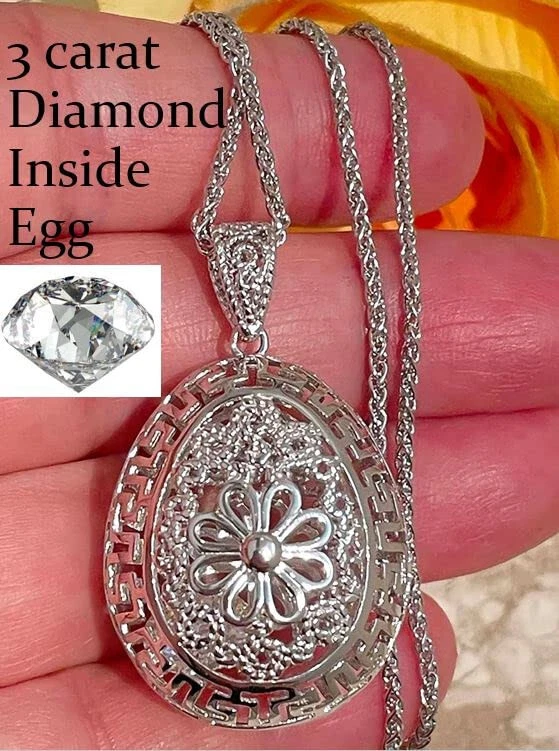 Faberge egg Diamond Egg Pendant 3carat Diamond Jewelry Charm Handmade Platinum - Image 3 of 4
