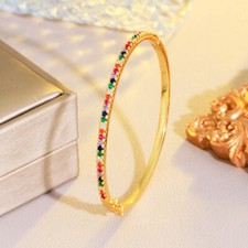 Gold Plated Rainbow Cubic Zirconia Cuff Bangle Bracelet Women Party Jewelry Gift
