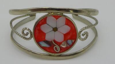 Vintage Mexico Alpaca Silver & Abalone Bracelet w Red Floral Design 10