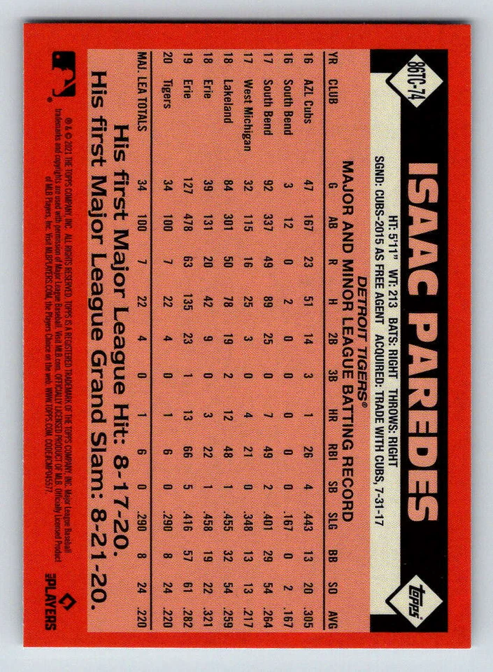 2021 Topps '86 Topps Chrome #86TC74 Isaac Paredes (ref 173429) - Image 2 of 2