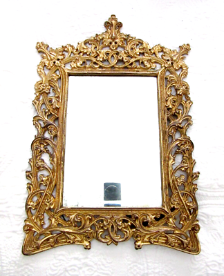 ANTIQUE ORNATE GOLD STANDING VANITY DRESSER BEVELED MIRROR Metal Back ~12"  x 17" | eBay