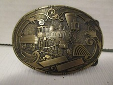 Locomotive Train Belt Buckle 3.5" Oval Vintage Solid Brass