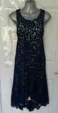 MAEVE Ladies Size S Navy Blue Nude Lace Long Dip Hem Shift Dress Pockets Lined