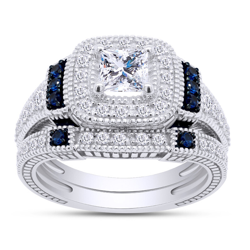 Engagement Ring Bridal Set Cubioc Zirconia & Simulated Sapphire 10K White Gold-image